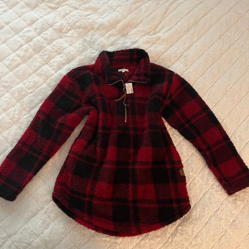 Maurice’s Red and Black Plaid Sherpa Quarter Zip Jacket